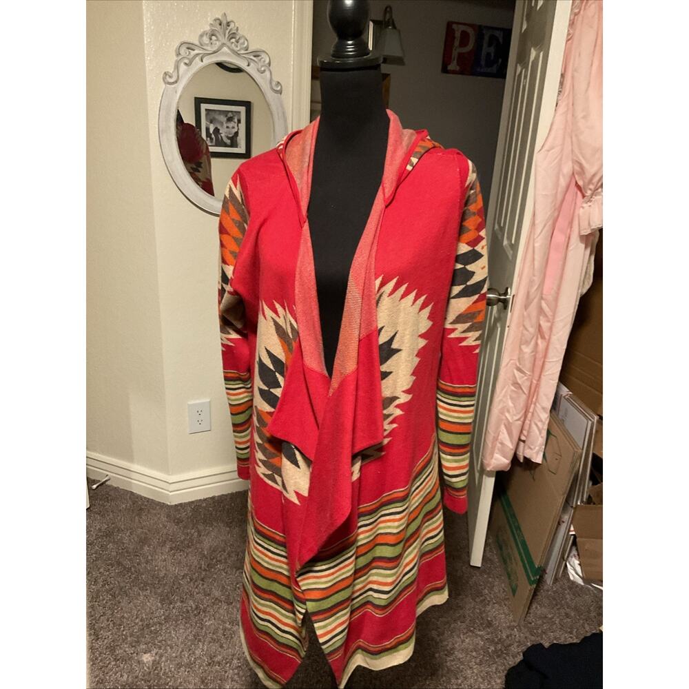 Tasha Polizzi Hooded Cardigan Sweater Medium Open Southwestern Aztec Long